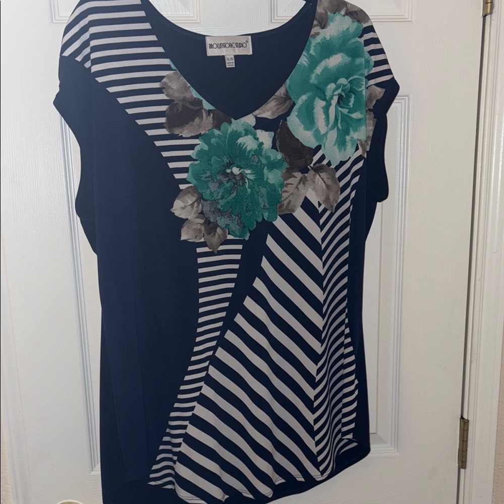 Blue and White Asymmetrical Cap Sleeve T-Shirt